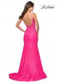 Picture of: Long Mermaid Lace Dress with Back Rhinestone Detail in Neon Pink, Style: 28355, Detail Picture 12