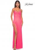 Picture of: Fishnet Rhinestone Fitted Dress with Bustier Top and High Neckline in Neon Pink, Style: 32227, Detail Picture 17