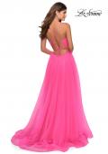 Picture of: Long Tulle A-line Prom Gown with Side Slit and Pockets in Neon Pink, Style: 28561, Back Picture