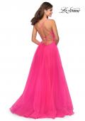Picture of: Long Tulle Prom Dress with Criss Cross Bodice Detail in Neon Pink, Style: 28893, Back Picture