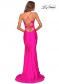 Picture of: Neon Jersey Dress with Ruching and Lace Up Back in Neon Pink, Style: 28993, Back Picture