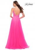 Picture of: A Line Tulle Gown with Lace Bodice and V Back in Neon Pink, Style 29964, Back Picture