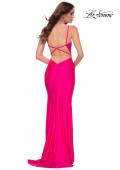 Picture of: Neon Pink Fitted Gown with Deep V anc Ruching in Neon Pink, Style 29966, Back Picture