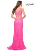 Picture of: Stretch Lace Gown with Slit and Open Keyhole Back in Neon Pink, Style 29978, Back Picture