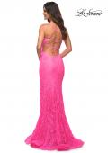 Picture of: Neon Lace Prom Gown With Sheer Bodice and Tie Up Back in Neon Pink, Back Picture