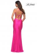 Picture of: Neon Pink Long Tie Up Back Jersey Prom Dress with Slit in Neon Pink, Back Picture