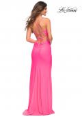 Picture of: Neon Jersey Luxe Gown with Draped Slit and Strappy Back in Neon Pink, Back Picture