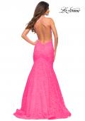 Picture of: Neon Pink Mermaid Lace Gown with Sheer Bodice and Open Back in Neon Pink, Back Picture