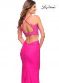 Picture of: Neon Pink Lace and Jersey Two Piece Illusion Top Dress in Neon Pink, Style: 30614, Back Picture