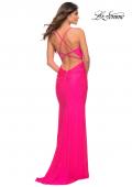 Picture of: Sparkle Rhinestone Long Jersey Prom Dress in Neon Pink in Neon Pink, Back Picture