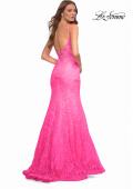 Picture of: Neon Pink Mermaid Lace Prom Dress with Sheer Jeweled Bodice in Pink, Style: 30663, Back Picture