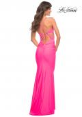 Picture of: Neon Pink Prom Dress with Cut Outs and Tie Back in Pink, Style: 30672, Back Picture