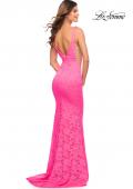 Picture of: Chic Stretch Neon Pink Lace Gown with Deep V Neckline in Neon Pink, Style: 30677, Back Picture