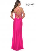 Picture of: Neon Pink Jersey Gown with Wrap Style Front and Rhinestones in Neon Pink, Style: 30683, Back Picture