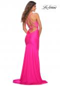 Picture of: Fitted Jersey Gown with Rhinestone Top in Neon Pink in Neon Pink, Back Picture