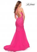 Picture of: Mermaid Tulle and Lace Jeweled Prom Dress in Neon Pink in Neon Pink, Style: 30692, Back Picture