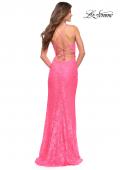 Picture of: Illusion Lace Gown with Deep V Neckline in Neon Pink, Style: 30694, Back Picture