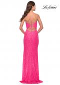Picture of: Beaded Lace Gown with High Slit and V Neck in Neon Pink, Style: 31388, Back Picture