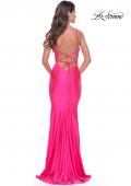Picture of: Bedazzled Rhinestone Jersey Gown with Deep V Neckline in Neon in Neon Pink, Style: 31413, Back Picture