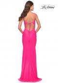 Picture of: Jeweled Modified Scoop Neck Jersey Dress with Open Back in Bright Colors in Neon Pink, Style: 31414, Back Picture