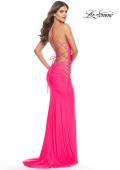 Picture of: Unique Jersey Dress with Open Criss Cross Sides in Neon in Neon Pink, Style: 31438, Back Picture