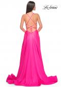 Picture of: Satin Gown with Sheer Rhinestone Bodice in Neon in Neon Pink, Style: 31448, Back Picture