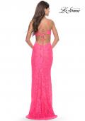 Picture of: Beaded Lace Prom Dress with Side Cutouts and Slit in Neon Pink, Style: 31568, Back Picture