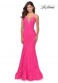 Picture of: Long Mermaid Lace Dress with Back Rhinestone Detail in Neon Pink, Style: 28355, Detail Picture 1