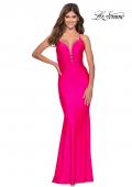 Picture of: Triple Knotted Jersey Prom Dress with Tie Up Back in Neon Pink, Style: 28905, Detail Picture 1