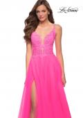Picture of: A Line Tulle Gown with Lace Bodice and V Back in Neon Pink, Style 29964, Detail Picture 1