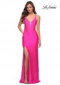 Picture of: Neon Prom Gown with Rhinestone Fabric and Deep V in Neon Pink, Style 29969, Detail Picture 1