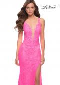 Picture of: Stretch Lace Gown with Slit and Open Keyhole Back in Neon Pink, Style 29978, Detail Picture 1