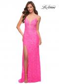 Picture of: Stretch Lace Prom Dress in Neon Pink in Neon Pink, Style 29987, Detail Picture 1