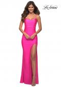 Picture of: Neon Pink Long Tie Up Back Jersey Prom Dress with Slit in Neon Pink, Detail Picture 1