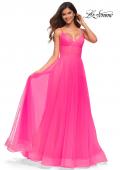 Picture of: Neon Pink Tulle A-line Prom Dress with Corset Sheer Bodice in Neon Pink, Detail Picture 1