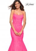 Picture of: Neon Pink Mermaid Lace Gown with Sheer Bodice and Open Back in Neon Pink, Detail Picture 1