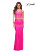 Picture of: Neon Pink Lace and Jersey Two Piece Illusion Top Dress in Neon Pink, Style: 30614, Detail Picture 1