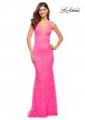 Picture of: Chic Stretch Neon Pink Lace Gown with Deep V Neckline in Neon Pink, Style: 30677, Detail Picture 1