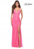 Picture of: Illusion Lace Gown with Deep V Neckline in Neon Pink, Style: 30694, Detail Picture 1