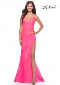 Picture of: Lace Long Dress with High Side Slit and V Neckline in Neon Pink, Style: 31125, Detail Picture 1