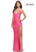 Picture of: Stretch Sequin Dress with High Side Slit and V Neck in Neon Pink, Style: 31298, Detail Picture 1