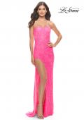 Picture of: Beaded Lace Strapless Dress with High Side Slit in Neon Pink, Style: 31351, Detail Picture 1