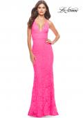Picture of: Fitted Stretch Lace Prom Dress with Banded Waist in Neon in Neon Pink, Style: 31417, Detail Picture 1