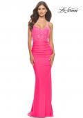 Picture of: Beaded Lace Bodice with Sheer Waist Long Jersey Gown in Bright Colors in Neon Pink, Style: 31437, Detail Picture 1