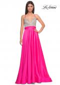 Picture of: Satin Gown with Sheer Rhinestone Bodice in Neon in Neon Pink, Style: 31448, Detail Picture 1