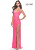 Picture of: Beaded Lace Prom Dress with Side Cutouts and Slit in Neon Pink, Style: 31568, Detail Picture 1
