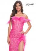 Picture of: Sequin Bustier Dress with Off the Shoulder Feather Lined Top and Slit in Neon Pink, Style: 32150, Detail Picture 1