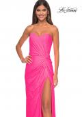 Picture of: Strapless Fitted Rhinestone Embellished Gown with Knot Detail in Neon Pink, Style: 32175, Detail Picture 1