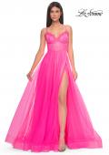 Picture of: Tulle Dress with Full Skirt and Sheer Lace Bodice in Neon Pink, Style: 32306, Detail Picture 1