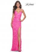 Picture of: Neon Print Sequin Long Prom Dress with Lace Up Back in Neon Pink, Style: 32332, Detail Picture 1